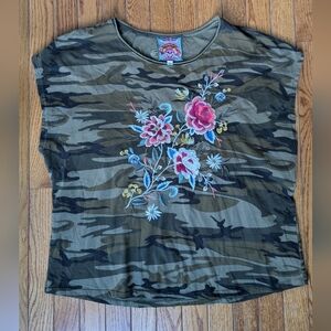 Johnny Was Floral Embroidered Assa Cap Sleeve Camo Shirt Women Sz Large J16120-2